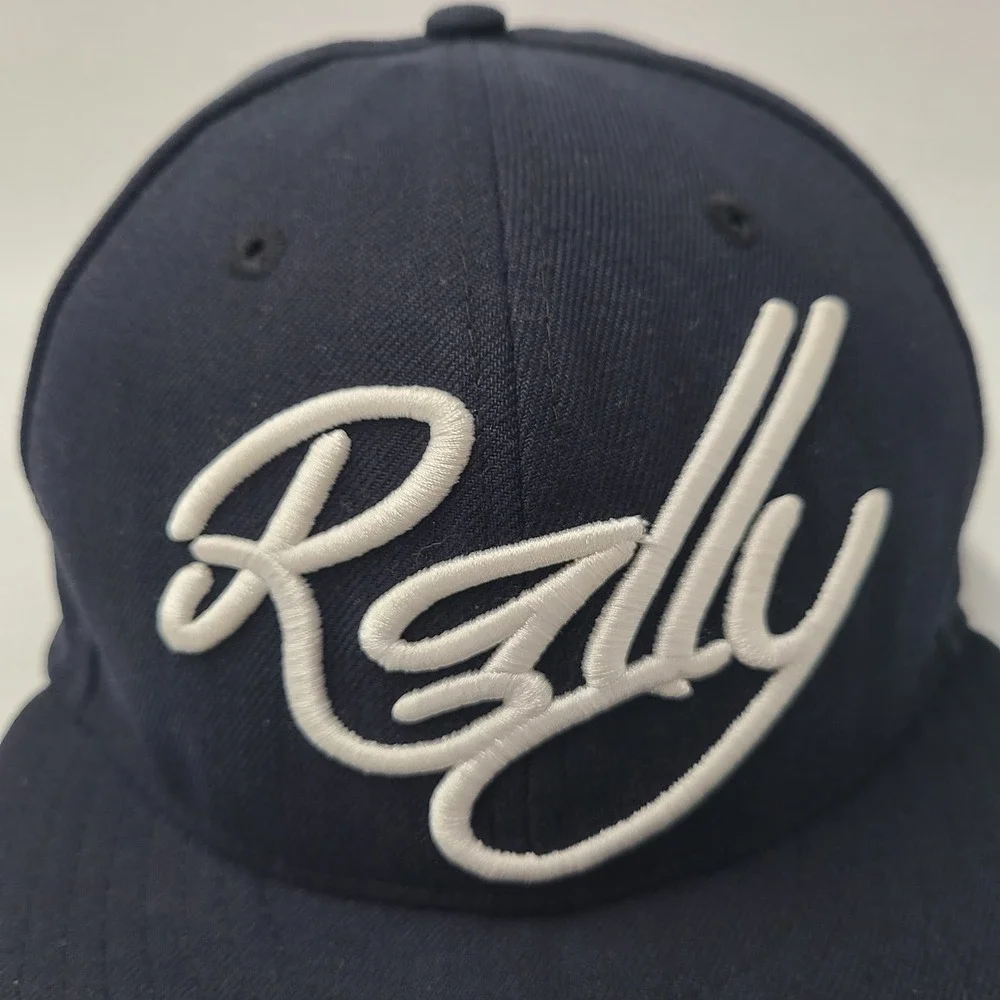 Baseballism Hat Fitted 7 1/4 59Fifty New Era Blue White Rally Cap Script Logo‎